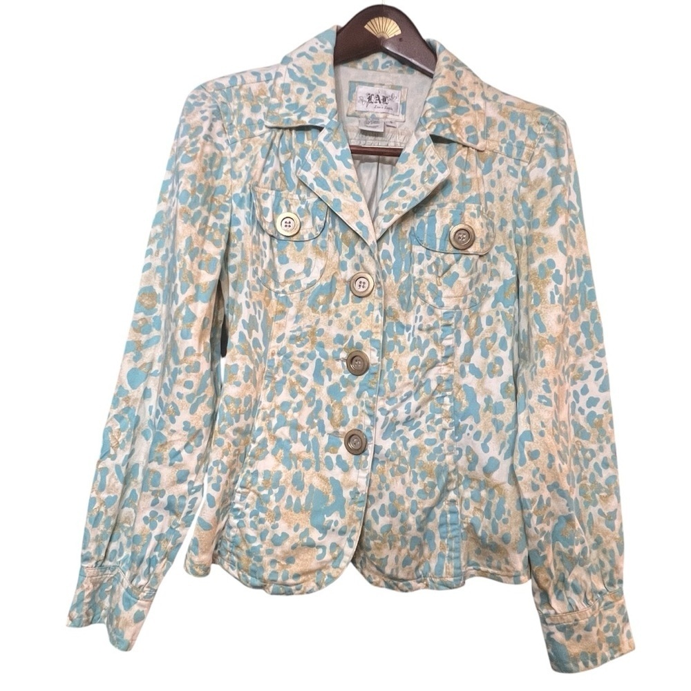 Live A Little Jacket White, Blue & Gold Leopard Print Fitted Size Small
